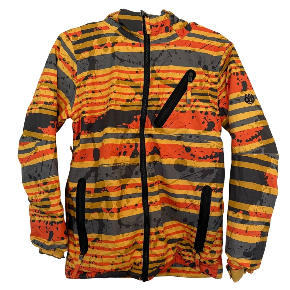 686 Youth Boys L Snowboard Jacket Stripe Paint Splatter 10K Insulated Ski Coat